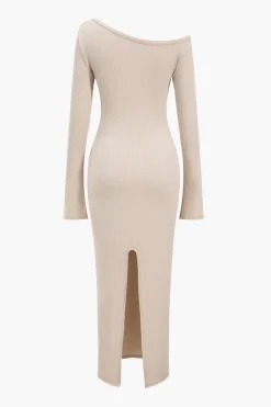 MICAS Long Sleeve Dresses|Maxi Dresses-Button Asymmetric Neck Long Sleeve Maxi Dress BEIGE