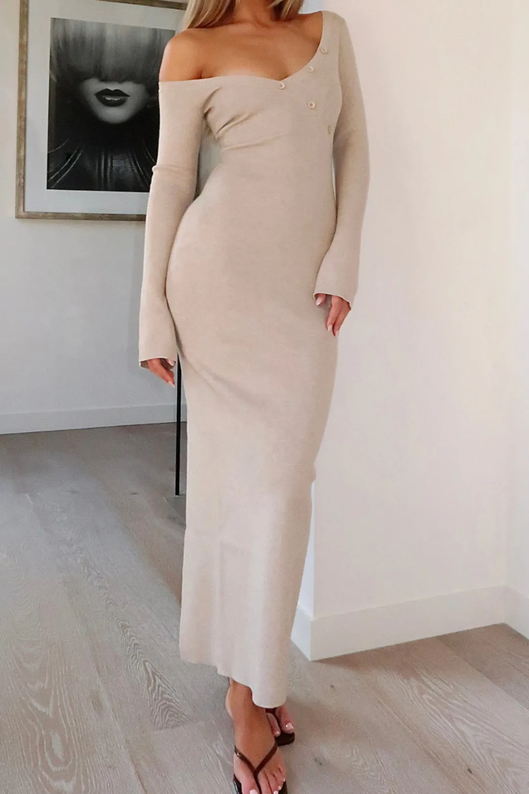MICAS Long Sleeve Dresses|Maxi Dresses-Button Asymmetric Neck Long Sleeve Maxi Dress BEIGE