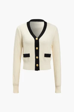 MICAS Knitwear|Knit Tops-Button Color Block Sweater Long-Sleeve Top