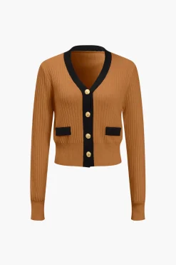 MICAS Knitwear|Knit Tops-Button Color Block Sweater Long-Sleeve Top