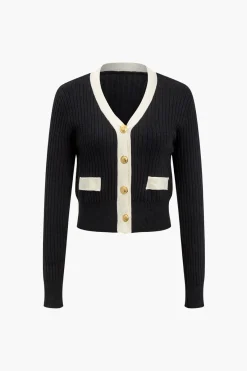 MICAS Knitwear|Knit Tops-Button Color Block Sweater Long-Sleeve Top