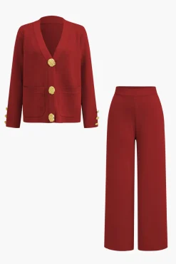 MICAS Knitwear|Knit Sets-Button Detail Knit Cardigan And Wide-Leg Pants Set