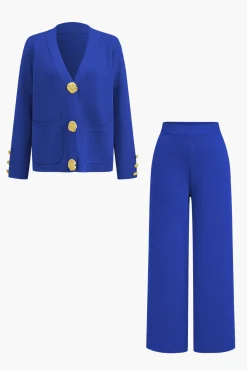 MICAS Knitwear|Knit Sets-Button Detail Knit Cardigan And Wide-Leg Pants Set