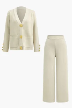 MICAS Knitwear|Knit Sets-Button Detail Knit Cardigan And Wide-Leg Pants Set