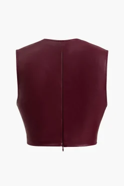 MICAS Tank Tops & Cami-Button Detail Twist Front Faux Leather Crop Tank Top