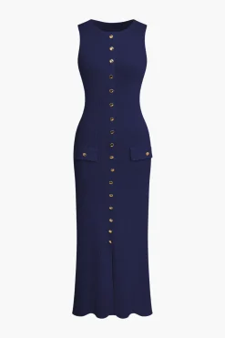 MICAS Knitwear|Knit Dresses-Button Front Sleeveless Ribbed Knit Maxi Dress
