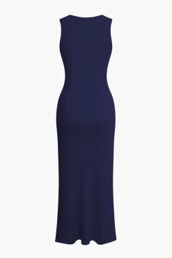 MICAS Knitwear|Knit Dresses-Button Front Sleeveless Ribbed Knit Maxi Dress