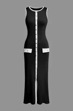 MICAS Knitwear|Knit Dresses-Button Front Sleeveless Ribbed Knit Maxi Dress