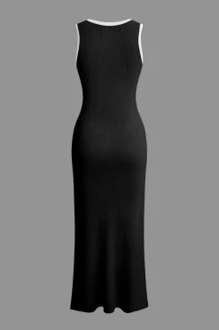 MICAS Knitwear|Knit Dresses-Button Front Sleeveless Ribbed Knit Maxi Dress