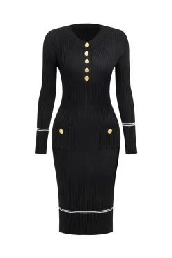 MICAS Long Sleeve Dresses|Knitwear-Button Knit Tie-Up Pocket Sweater Dress