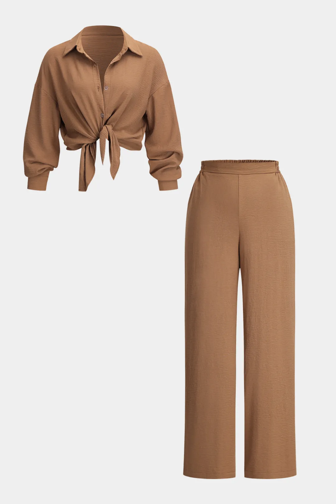 MICAS Pant Sets-Button Long Sleeve Shirt And Wide Leg Trousers Set TAN