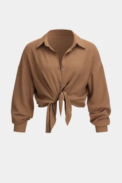 MICAS Pant Sets-Button Long Sleeve Shirt And Wide Leg Trousers Set TAN