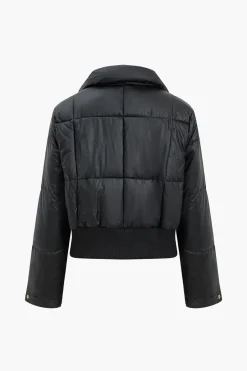 MICAS Outerwear|Outerwear-Button Padded Stand Collar Long Sleeve Puffer BLACK