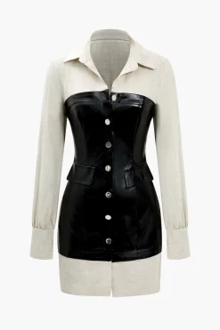 MICAS Long Sleeve Dresses|Mini Dresses-Button Patchwork Faux Leather Mini Dress BLACK