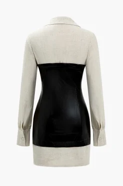 MICAS Long Sleeve Dresses|Mini Dresses-Button Patchwork Faux Leather Mini Dress BLACK