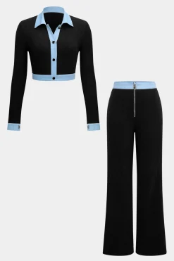 MICAS Pant Sets-Button Patchwork Long Sleeve Top And Zipper Trousers Set