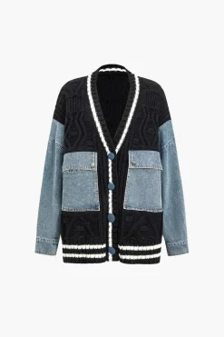 MICAS Outerwear|Knitwear-Button Patchwork Pocket Sweater Cardigan
