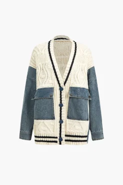 MICAS Outerwear|Knitwear-Button Patchwork Pocket Sweater Cardigan