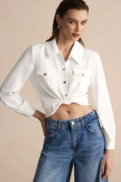 MICAS Long Sleeve Tops|Long Sleeves Tops-Button Pocket Long-Sleeve Shirt WHITE