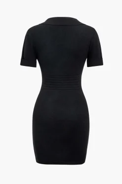 MICAS Midi Dresses-Button Pocket V-Neck Midi Dress BLACK