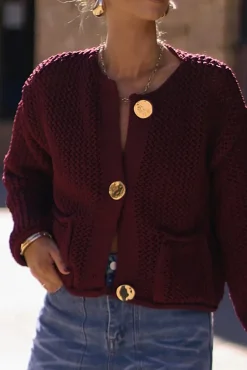 MICAS Outerwear|Knitwear-Button Round Neck Sweater Cardigan