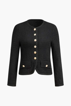 MICAS Outerwear|Blazers-Button Tweed Blazer BLACK