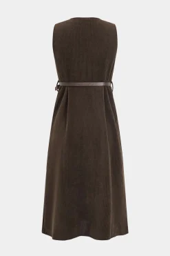 MICAS Long Sleeve Dresses|Maxi Dresses-Button V-Neck Belted Long Sleeve Corduroy Maxi Dress COFFEE