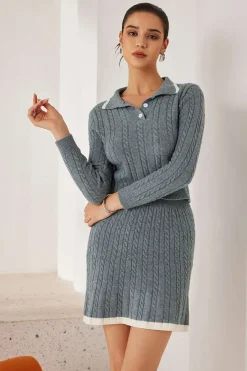 MICAS Knit Sets-Cable Knit Color Block Skirt Set GRAY