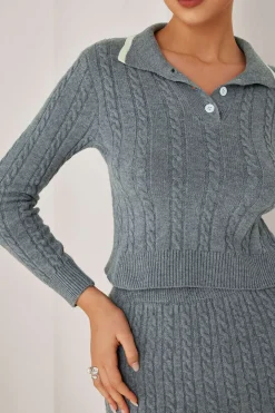 MICAS Knit Sets-Cable Knit Color Block Skirt Set GRAY