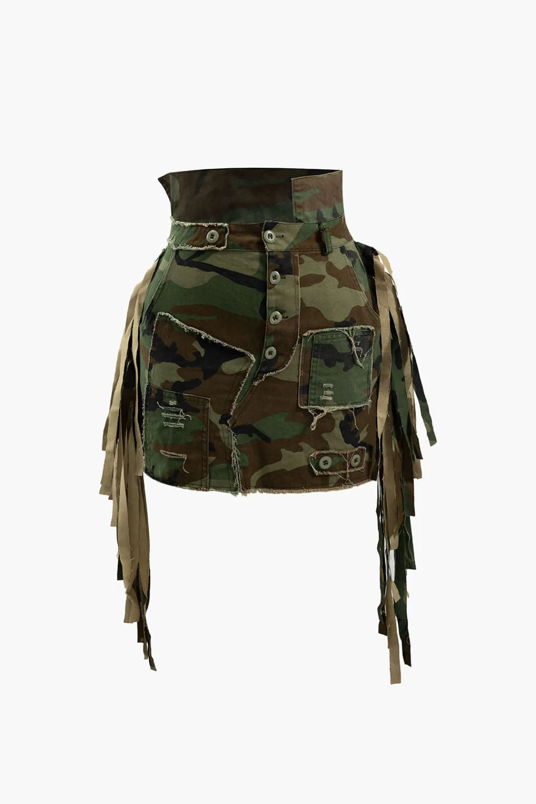 MICAS Skirts-Camo Frayed Patchwork Fringe Mini Skirt