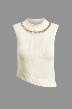 MICAS Knit Tops-Chain Asymmetrical Hem Sweater Tank Top BEIGE