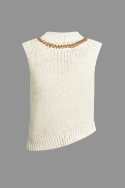 MICAS Knit Tops-Chain Asymmetrical Hem Sweater Tank Top BEIGE
