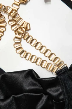 MICAS Lingerie & Sleepwear-Chain Bustier Contrast Mesh Lingerie Garter Set BLACK