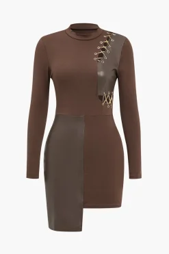 MICAS Long Sleeve Dresses|Mini Dresses-Chain Patchwork Long Sleeve Mini Dress BROWN