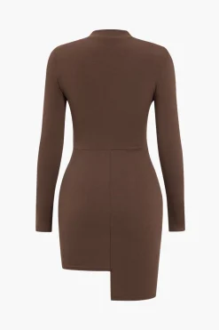 MICAS Long Sleeve Dresses|Mini Dresses-Chain Patchwork Long Sleeve Mini Dress BROWN