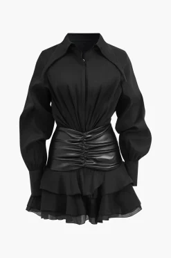 MICAS Long Sleeve Dresses|Mini Dresses-Chiffon Faux Leather Patchwork Ruffle Long Sleeve Mini Dress BLACK