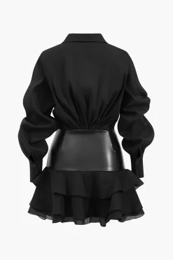 MICAS Long Sleeve Dresses|Mini Dresses-Chiffon Faux Leather Patchwork Ruffle Long Sleeve Mini Dress BLACK