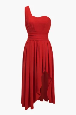 MICAS Midi Dresses-Chiffon Sleeveless One Shoulder Midi Dress RED