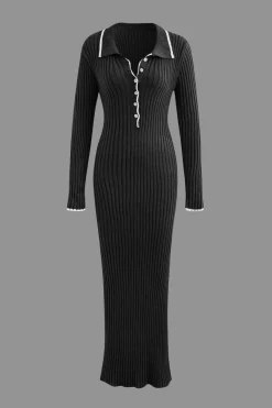 MICAS Long Sleeve Dresses|Knit Dresses-Collar Button Long Sleeve Knit Maxi Dress BLACK