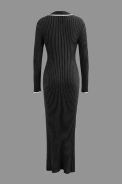 MICAS Long Sleeve Dresses|Knit Dresses-Collar Button Long Sleeve Knit Maxi Dress BLACK