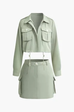 MICAS Skirt Sets-Collared Flap Pocket Drawstring Crop Top And Mini Skirt Set LIGHT GREEN