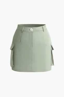 MICAS Skirt Sets-Collared Flap Pocket Drawstring Crop Top And Mini Skirt Set LIGHT GREEN