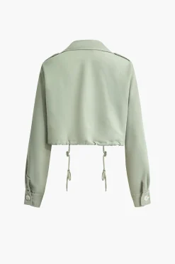 MICAS Skirt Sets-Collared Flap Pocket Drawstring Crop Top And Mini Skirt Set LIGHT GREEN