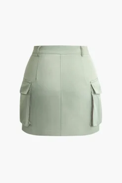 MICAS Skirt Sets-Collared Flap Pocket Drawstring Crop Top And Mini Skirt Set LIGHT GREEN