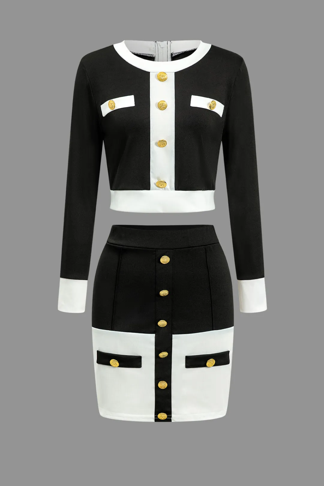 MICAS Skirt Sets-Color Block Button Pocket Skirt Set BLACK