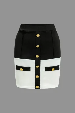 MICAS Skirt Sets-Color Block Button Pocket Skirt Set BLACK