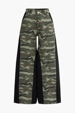 MICAS Pants-Color Block Camo Print Patchwork Trousers Contrast Color
