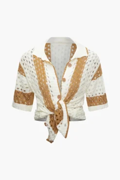 MICAS Knitwear|Knit Sets-Color Block Crochet Open Knit Button Up Top And Shorts Set