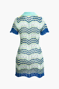 MICAS Knit Dresses-Color Block Crochet Polo Collar Short Sleeve Mini Dress Contrast Color