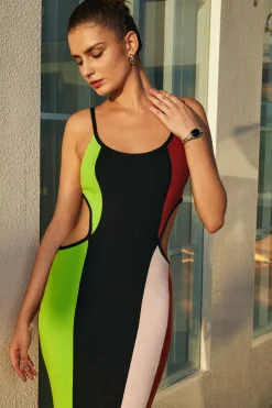 MICAS Knit Dresses-Color Block Cut Out Slip Knit Midi Dress Contrast Color